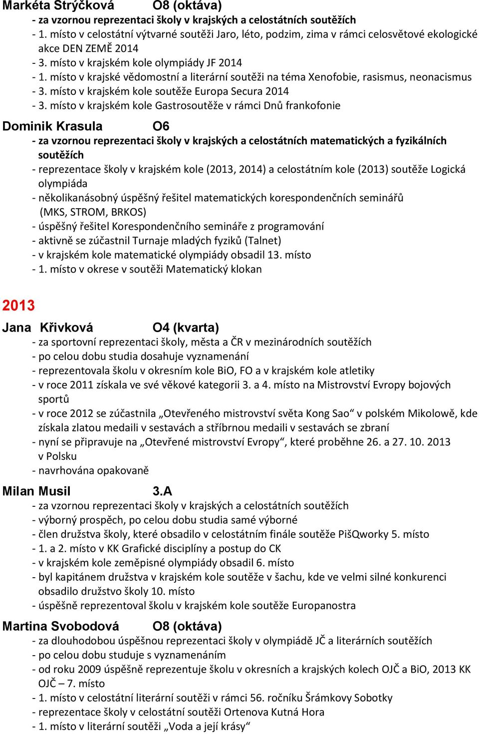 místo v krajské vědomostní a literární soutěži na téma Xenofobie, rasismus, neonacismus - 3. místo v krajském kole soutěže Europa Secura 2014-3.