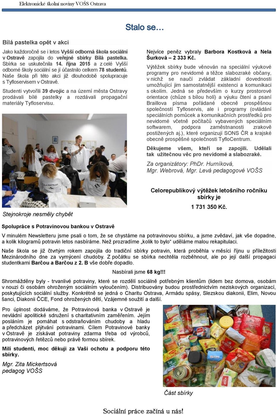 Studenti vytvořili 39 dvojic a na území města Ostravy prodávali bílé pastelky a rozdávali propagační materiály Tyfloservisu. Nejvíce peněz vybraly Barbora Kostková a Nela Šurková 2 333 Kč.