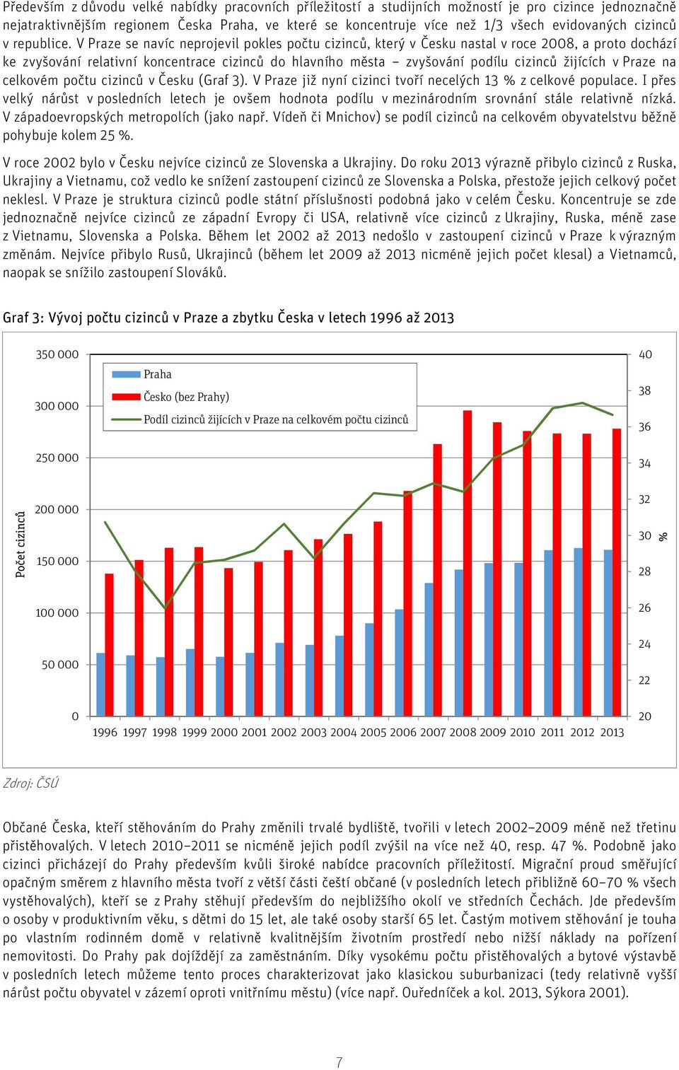 V Praze se navíc neprojevil pokles počtu cizinců, který v Česku nastal v roce 2008, a proto dochází ke zvyšování relativní koncentrace cizinců do hlavního města zvyšování podílu cizinců žijících v