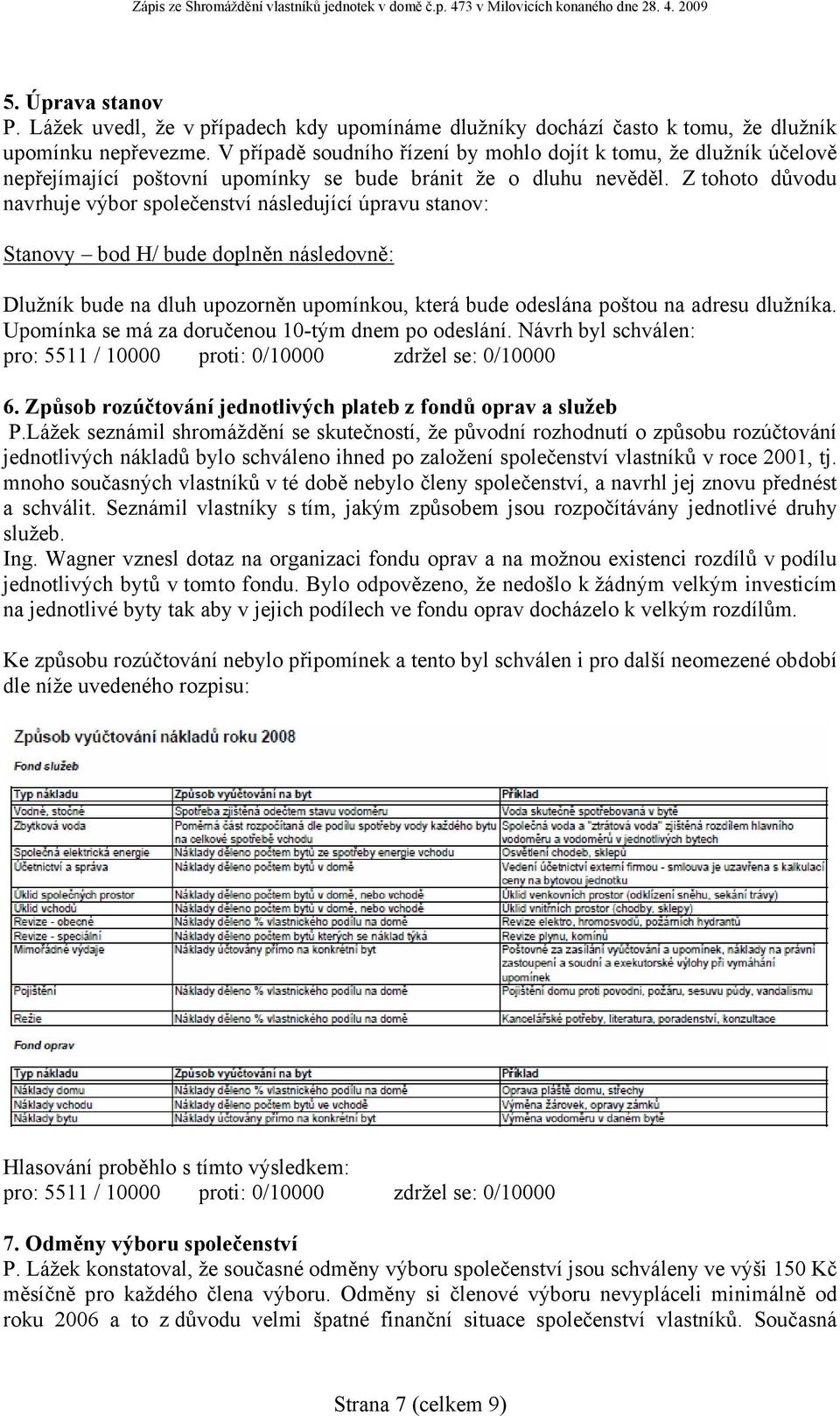 Z tohoto důvodu navrhuje výbor společenství následující úpravu stanov: Stanovy bod H/ bude doplněn následovně: Dlužník bude na dluh upozorněn upomínkou, která bude odeslána poštou na adresu dlužníka.