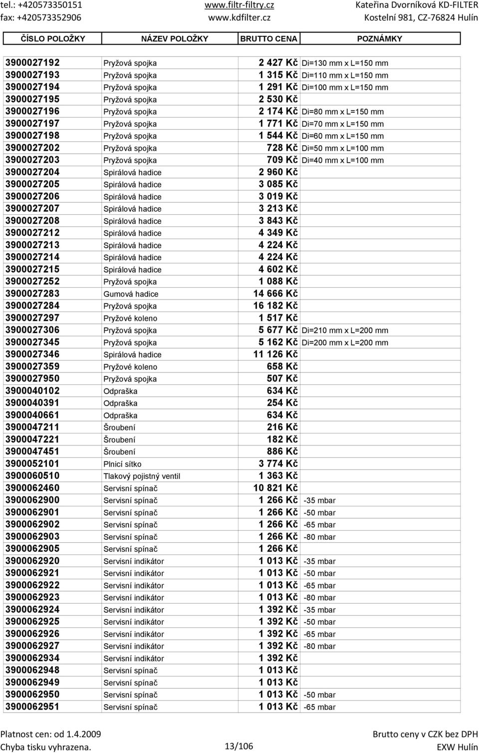 Kč Di=60 mm x L=150 mm 3900027202 Pryžová spojka 728 Kč Di=50 mm x L=100 mm 3900027203 Pryžová spojka 709 Kč Di=40 mm x L=100 mm 3900027204 Spirálová hadice 2 960 Kč 3900027205 Spirálová hadice 3 085