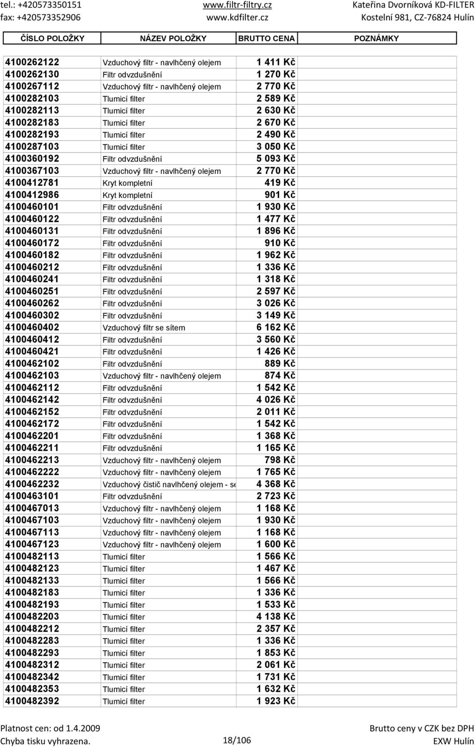 odvzdušnění 5 093 Kč 4100367103 Vzduchový filtr - navlhčený olejem 2 770 Kč 4100412781 Kryt kompletní 419 Kč 4100412986 Kryt kompletní 901 Kč 4100460101 Filtr odvzdušnění 1 930 Kč 4100460122 Filtr