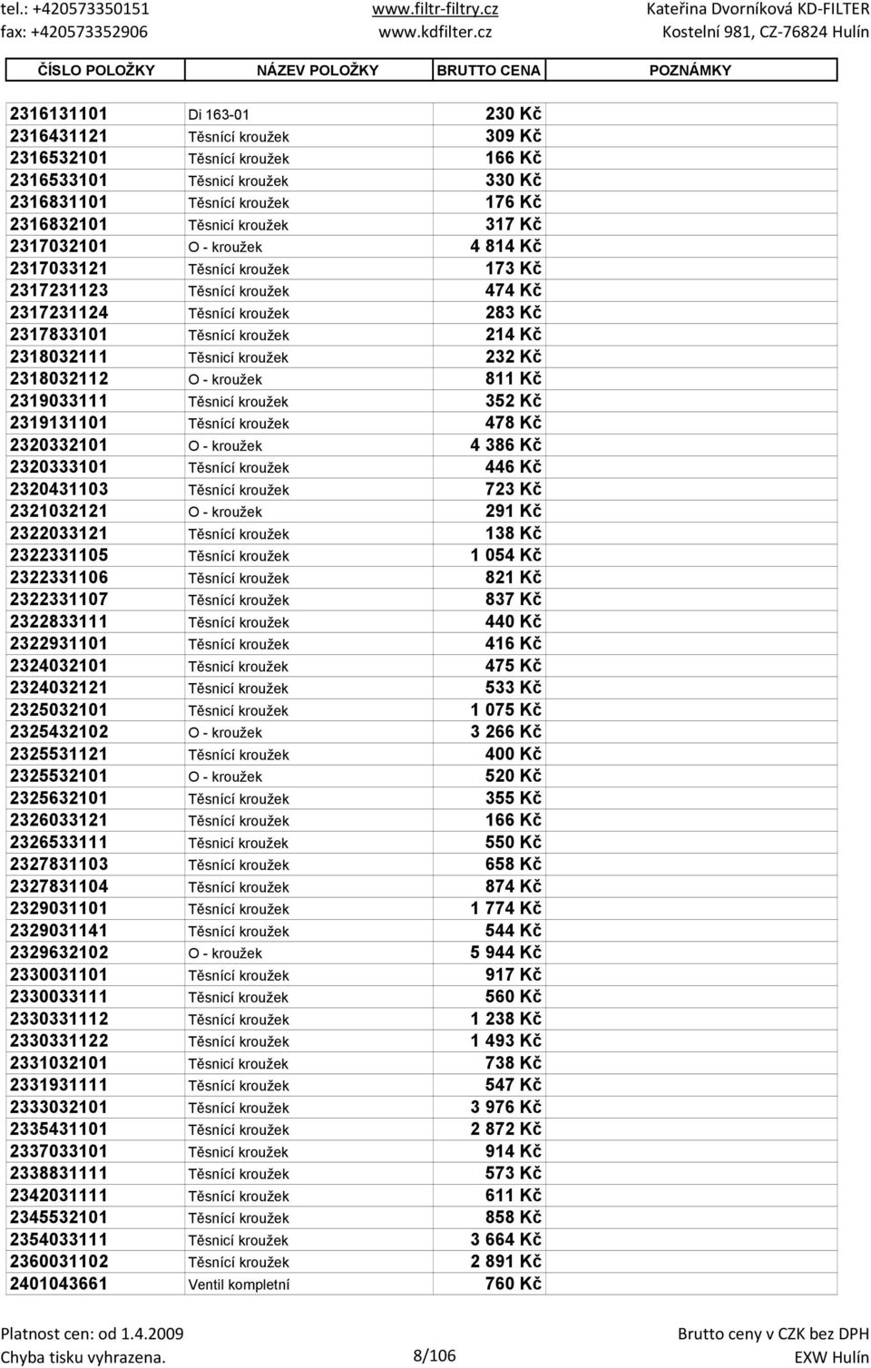 Těsnící kroužek 214 Kč 2318032111 Těsnicí kroužek 232 Kč 2318032112 O - kroužek 811 Kč 2319033111 Těsnicí kroužek 352 Kč 2319131101 Těsnící kroužek 478 Kč 2320332101 O - kroužek 4 386 Kč 2320333101