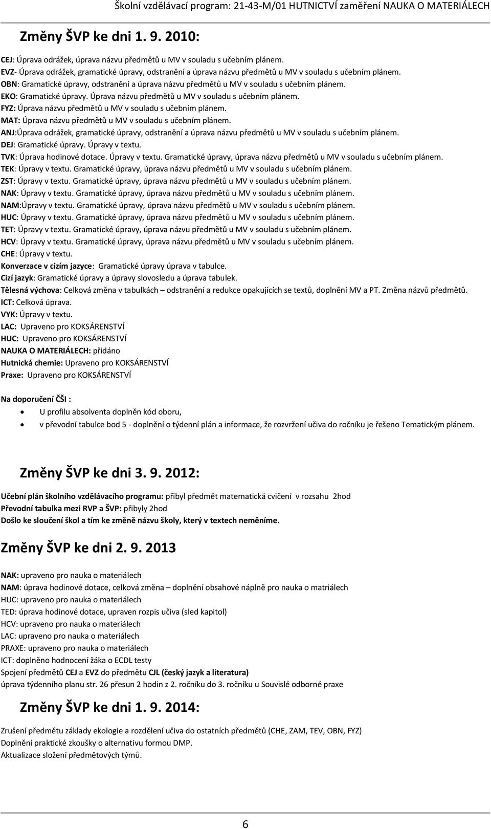 EKO: Gramatické úpravy. Úprava názvu předmětů u v souladu s učebním plánem. FYZ: Úprava názvu předmětů u v souladu s učebním plánem. MAT: Úprava názvu předmětů u v souladu s učebním plánem.