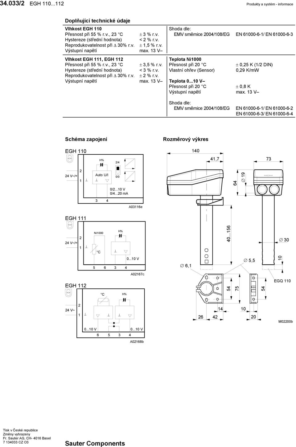 13 V Vlhkost EGH 111, EGH 112 eplota Ni1000 Přesnost při 55 % r.v., 23 C ± 3,5 % r.v. Přesnost při 20 C ± 0,25 K (1/2 DIN) Hystereze (střední hodnota) < 3 % r.v. Vlastní ohřev (Sensor) 0,29 K/mW Reprodukovatelnost při Δ 30% r.