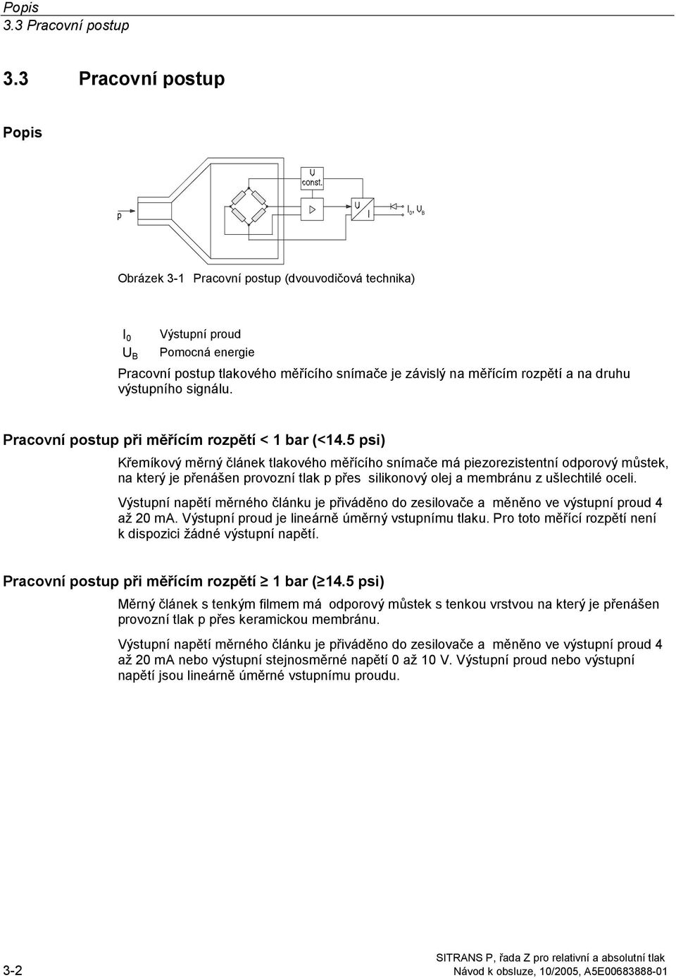 výstupního signálu. Pracovní postup při měřícím rozpětí < 1 bar (<14.