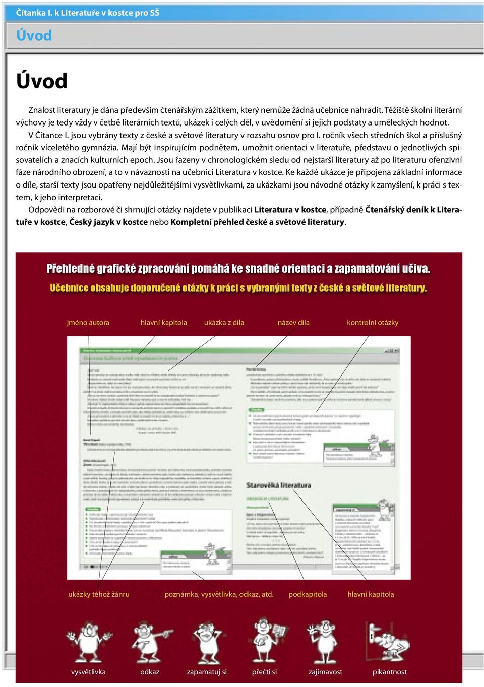 jsou vybrány texty z české a světové literatury v rozsahu osnov pro I. ročník všech středních škol a příslušný ročník víceletého gymnázia.