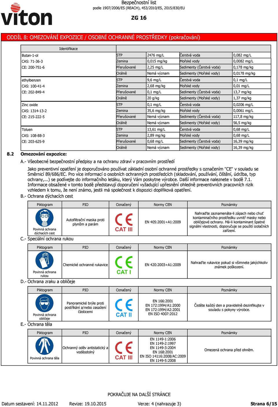 mg/kg 0,1 mg/l 20 g/kg 0,1 mg/l 35,6 mg/kg 13,61 mg/l 2,89 mg/kg 0,68 mg/l Jako preventivní opatření je doporučováno používat základní osobní ochranné prostředky s označením "CE" v souladu se