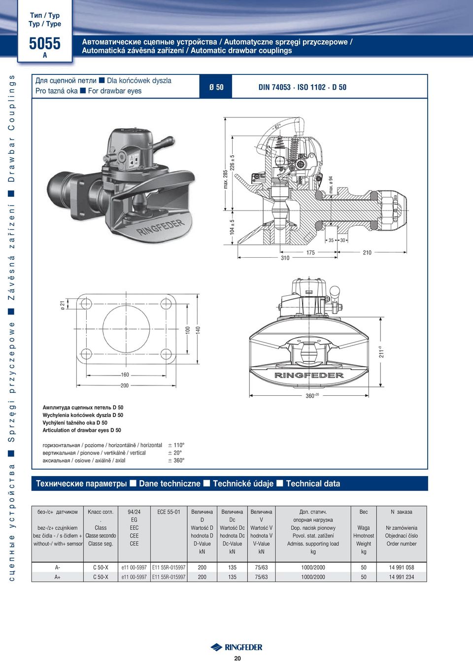 Articulation of drawbar eyes D 50 160 200 горизонтальная / poziome / horizontálně / horizontal 110 вертикальная / pionowe / vertikálně / vertical 20 аксиальная / osiowe / axiálně / axial 360 100 140
