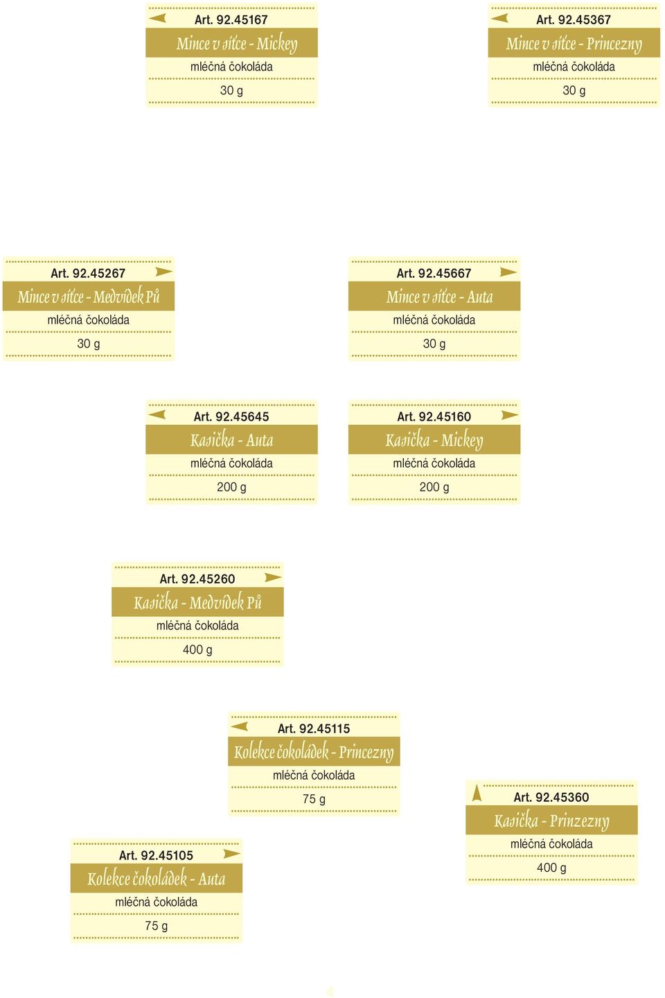 92.45260 Kasička - Medvídek Pů 400 g Art. 92.45105 Kolekce čokoládek - Auta 75 g Art. 92.45115 Kolekce čokoládek - Princezny 75 g Art.