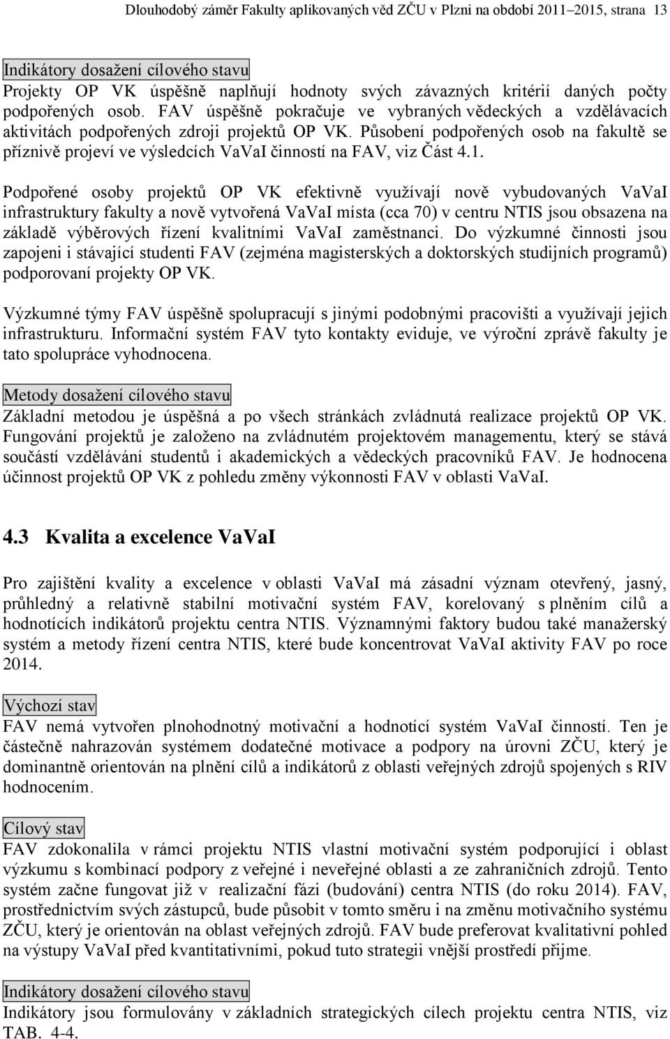 Působení podpořených osob na fakultě se příznivě projeví ve výsledcích VaVaI činností na FAV, viz Část 4.1.