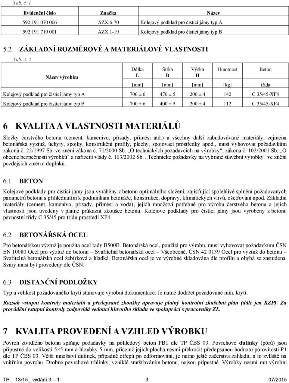 2 Název výrobku Délka L Šířka B Výška H Hmotnost Beton [mm] [mm] [mm] [kg] třída Kolejový podklad pro čistící jámy typ A 700 ± 6 470 ± 5 200 ± 4 142 C 35/45-XF4 Kolejový podklad pro čistící jámy typ