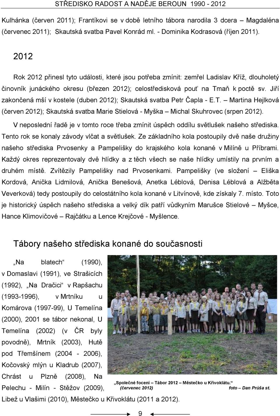 Jiří zakončená mší v kostele (duben 2012); Skautská svatba Petr Čapla - E.T. Martina Hejlková (červen 2012); Skautská svatba Marie Stielová - Myška Michal Skuhrovec (srpen 2012).