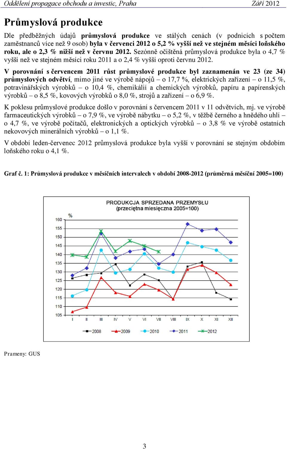 V porovnání s červencem 2011 růst průmyslové produkce byl zaznamenán ve 23 (ze 34) průmyslových odvětví, mimo jiné ve výrobě nápojů o 17,7 %, elektrických zařízení o 11,5 %, potravinářských výrobků o