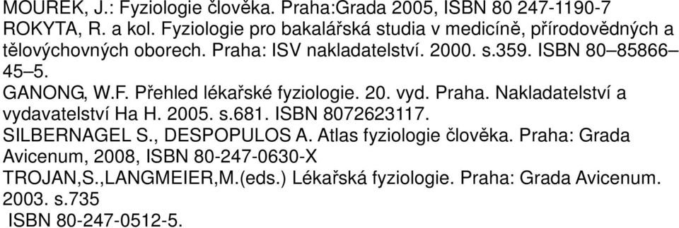 ISBN 80 85866 45 5. GANONG, W.F. Přehled lékařské fyziologie. 20. vyd. Praha. Nakladatelství a vydavatelství Ha H. 2005. s.681.