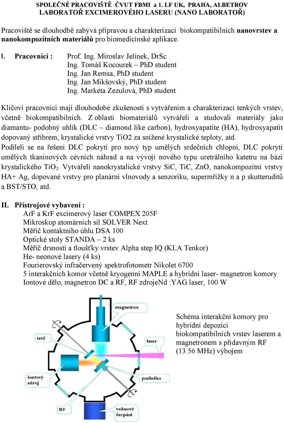 biomedicínské aplikace. I. Pracovníci : Prof. Ing. Miroslav Jelínek, DrSc Ing. Tomáš Kocourek PhD student Ing. Jan Remsa, PhD student Ing. Jan Mikšovský, PhD student Ing.