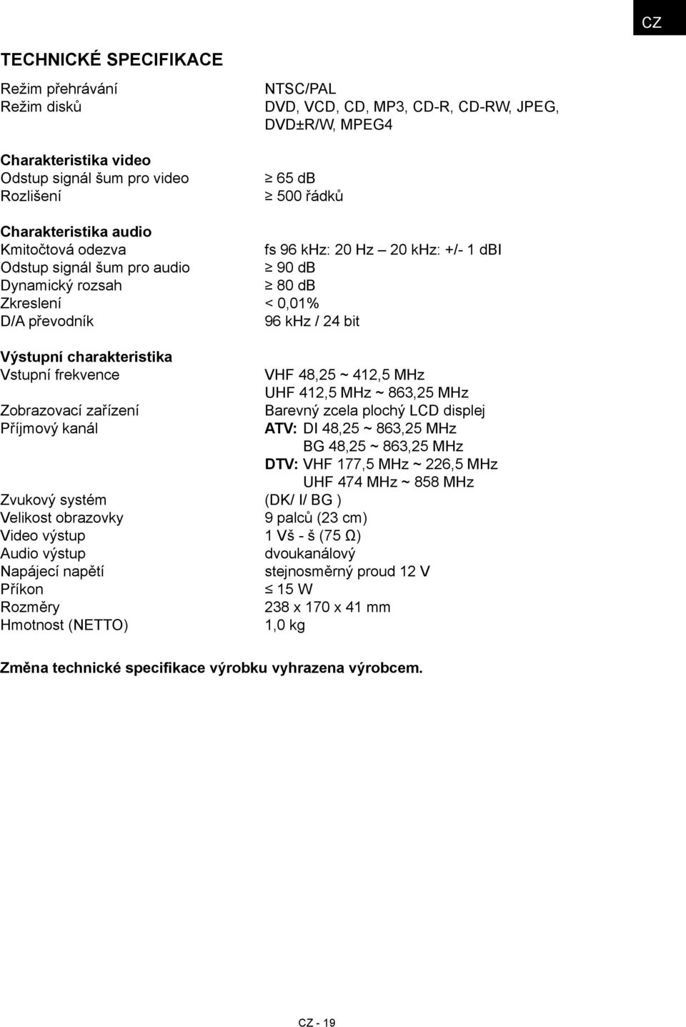 charakteristika Vstupní frekvence VHF 48,25 ~ 412,5 MHz UHF 412,5 MHz ~ 863,25 MHz Zobrazovací zařízení Barevný zcela plochý LCD displej Příjmový kanál ATV: DI 48,25 ~ 863,25 MHz BG 48,25 ~ 863,25