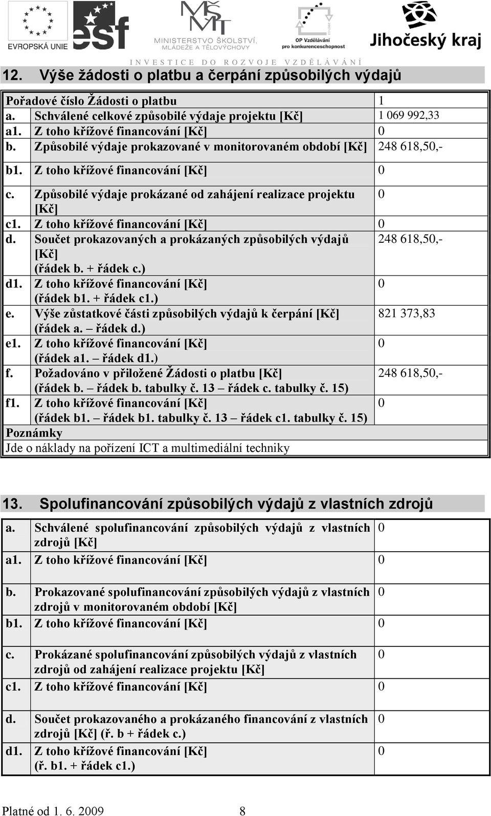 Z toho křížové financování [Kč] d. Součet prokazovaných a prokázaných způsobilých výdajů 248 618,5,- [Kč] (řádek b. + řádek c.) d1. Z toho křížové financování [Kč] (řádek b1. + řádek c1.) e.