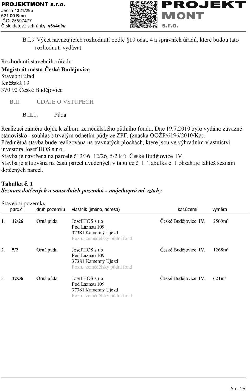 370 92 České Budějovice B.II. ÚDAJE O VSTUPECH B.II.1. Půda Realizací záměru dojde k záboru zemědělského půdního fondu. Dne 19.7.2010 bylo vydáno závazné stanovisko - souhlas s trvalým odnětím půdy ze ZPF.