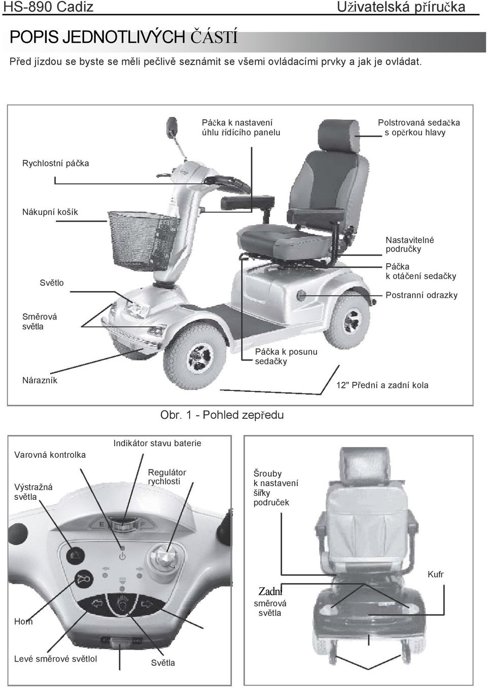 Páčka k otáčení sedačky Postranní odrazky Směrová světla Páčka k posunu sedačky Nárazník 12" Přední a zadní kola Obr.