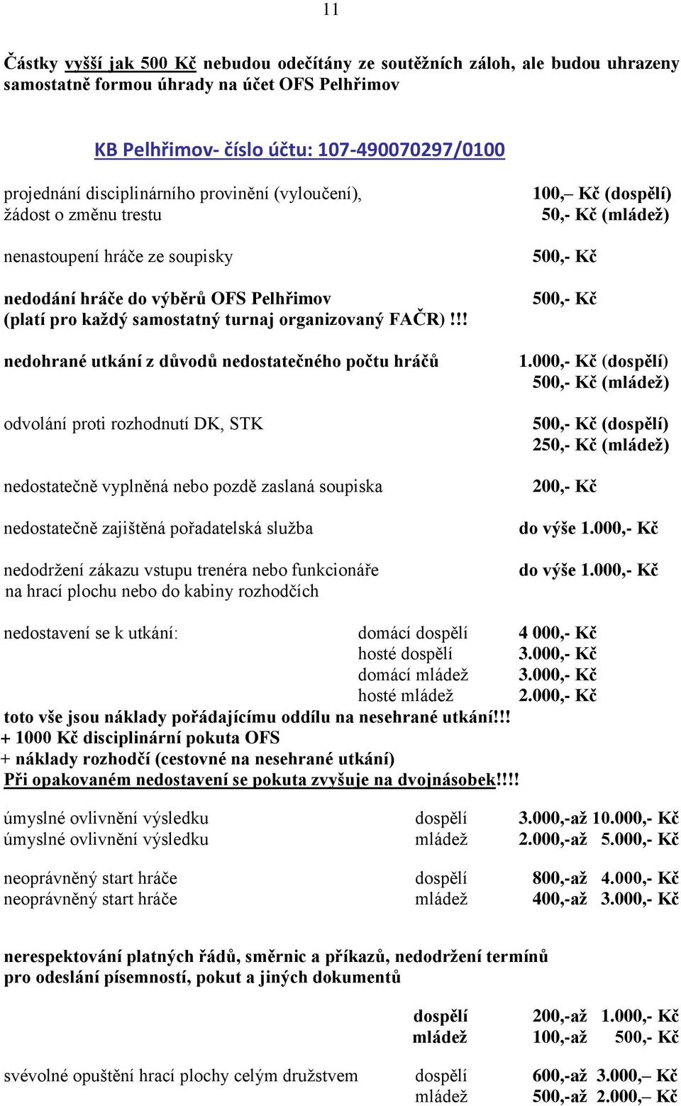 !! nedohrané utkání z důvodů nedostatečného počtu hráčů odvolání proti rozhodnutí DK, STK nedostatečně vyplněná nebo pozdě zaslaná soupiska nedostatečně zajištěná pořadatelská služba nedodržení