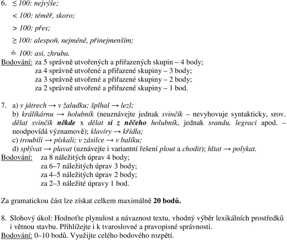 skupiny 1 bod. 7. a) v játrech v žaludku; šplhal lezl; b) králíkárnu holubník (neuznávejte jednak svinčík nevyhovuje syntakticky, srov.