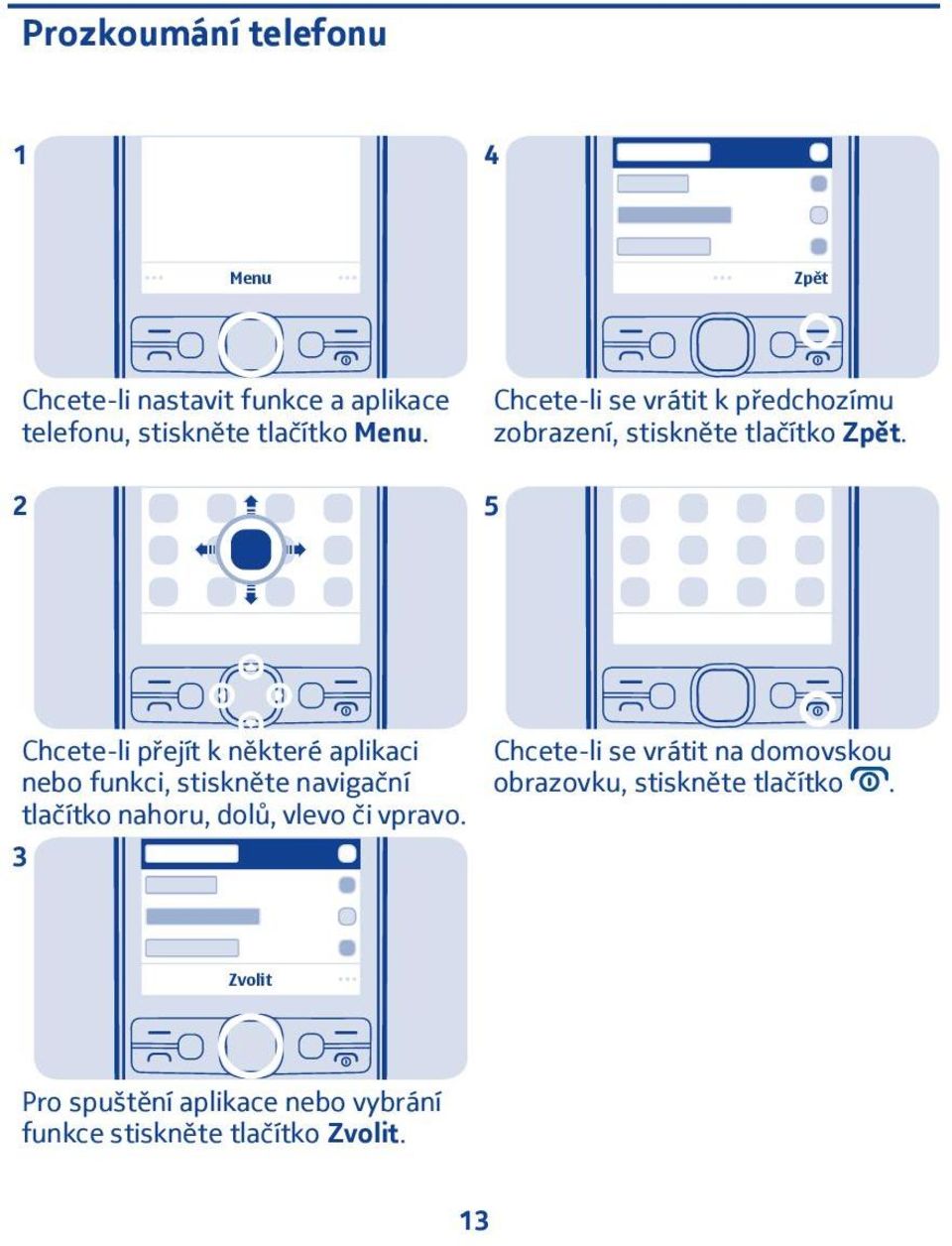 5 Chcete-li přejít k některé aplikaci nebo funkci, stiskněte navigační tlačítko nahoru, dolů, vlevo či