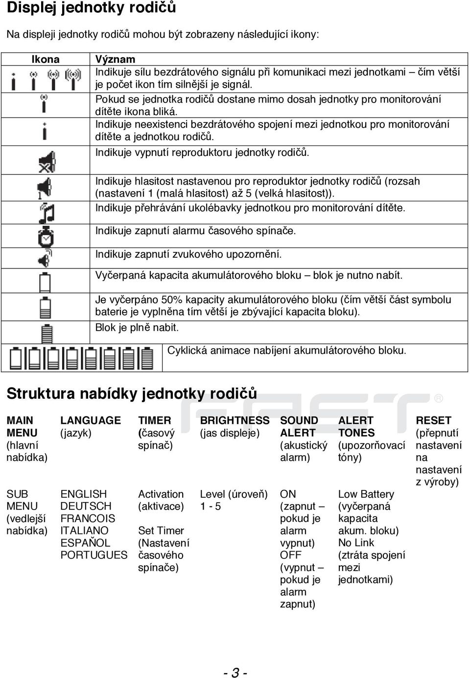 Indikuje neexistenci bezdrátového spojení mezi jednotkou pro monitorování dítěte a jednotkou rodičů. Indikuje vypnutí reproduktoru jednotky rodičů.