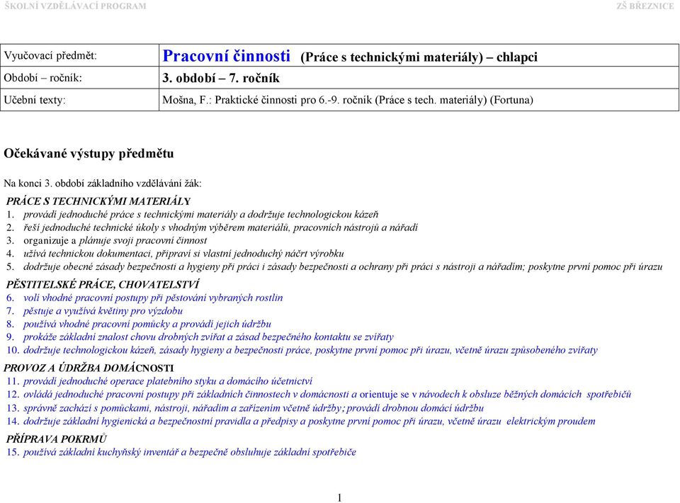 provádí jednoduché práce s technickými materiály a dodržuje technologickou kázeň 2. řeší jednoduché technické úkoly s vhodným výběrem materiálů, pracovních nástrojů a nářadí 3.