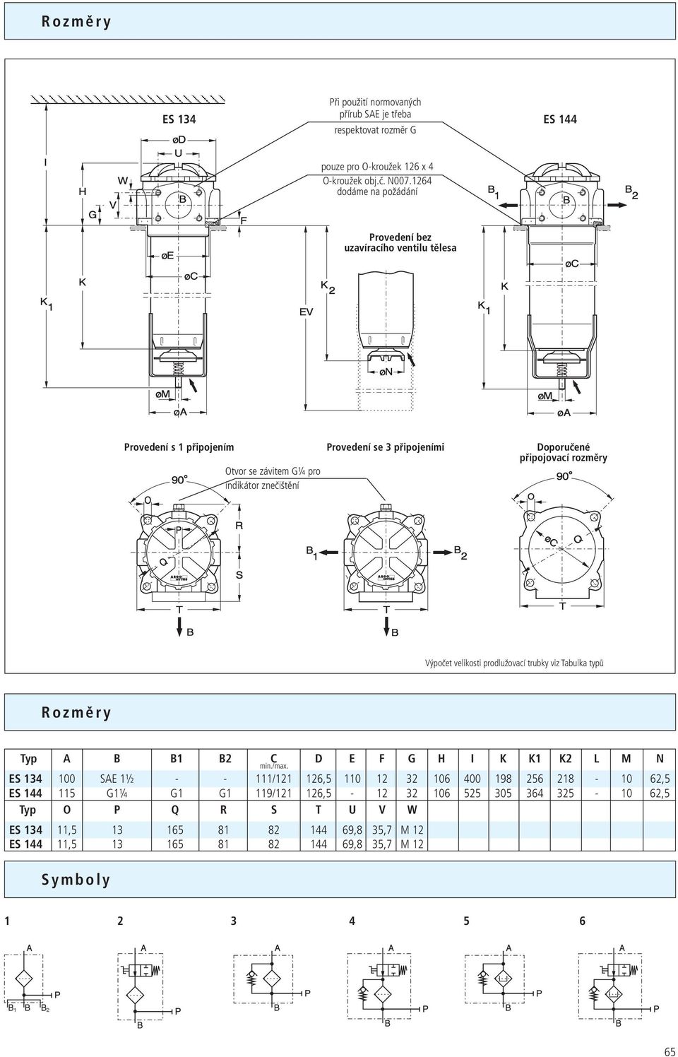 indikátor znečištění Výpočet velikosti prodlužovací trubky viz Tabulka typů Rozměry Typ A B B1 B2 C D E F G H I K K1 K2 L M N ES 134 100 SAE 1½ - - 111/121 126,5 110 12 32 106 400