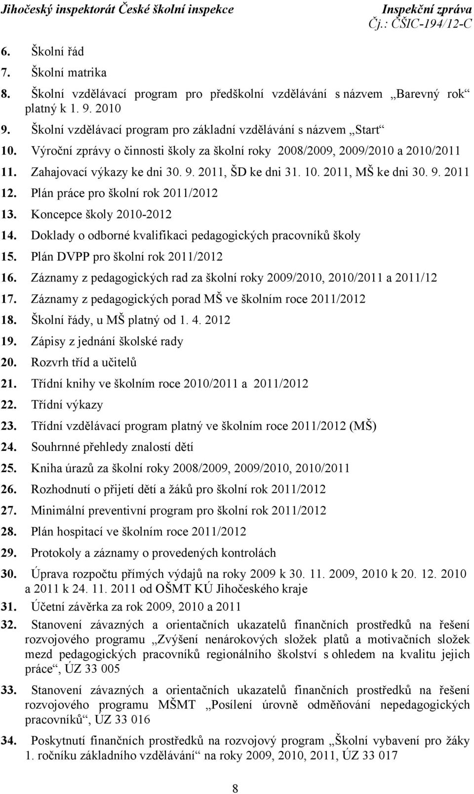 Plán práce pro školní rok 2011/2012 13. Koncepce školy 2010-2012 14. Doklady o odborné kvalifikaci pedagogických pracovníků školy 15. Plán DVPP pro školní rok 2011/2012 16.