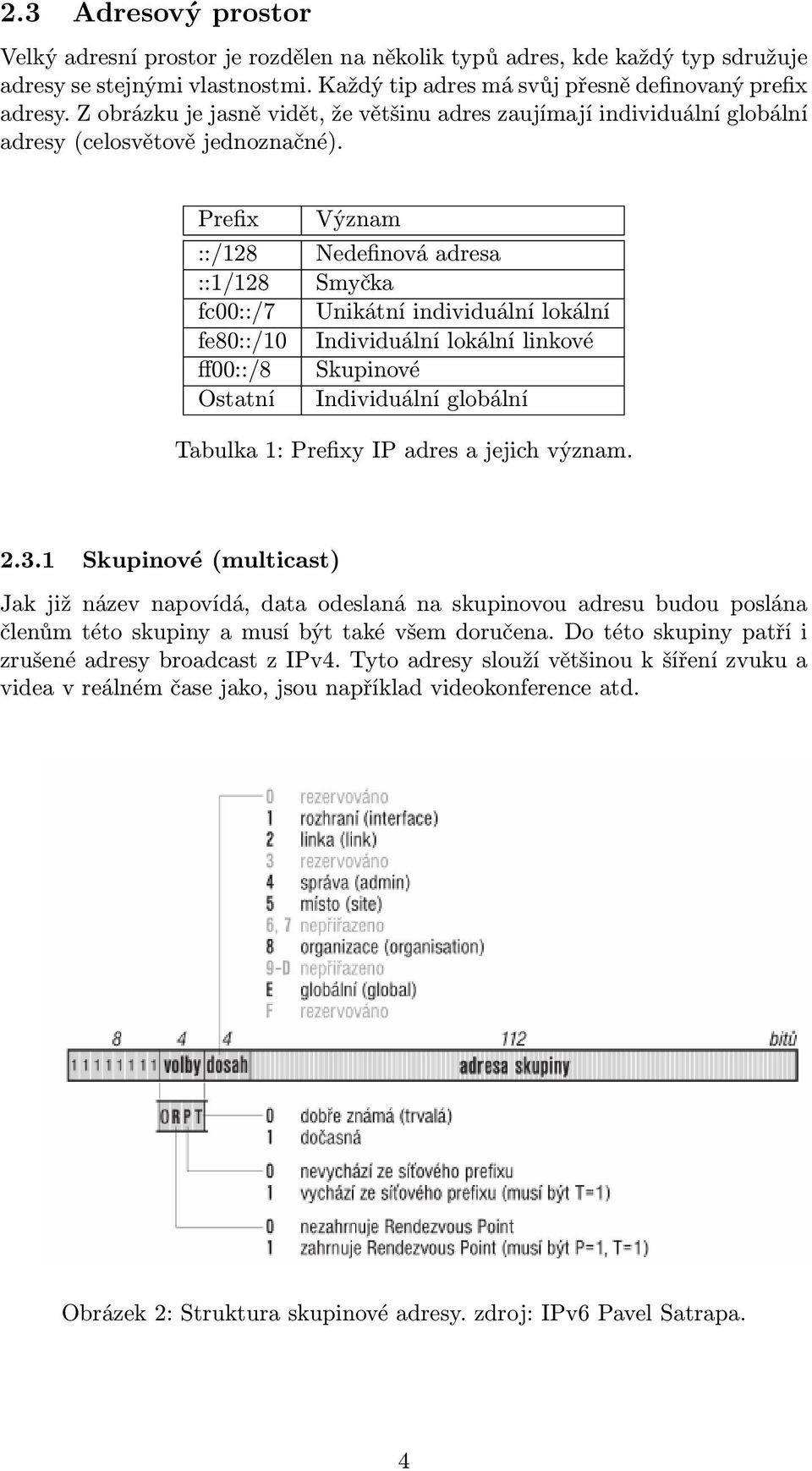 Prefix Význam ::/128 Nedefinová adresa ::1/128 Smyčka fc00::/7 Unikátní individuální lokální fe80::/10 Individuální lokální linkové ff00::/8 Skupinové Ostatní Individuální globální Tabulka 1: Prefixy