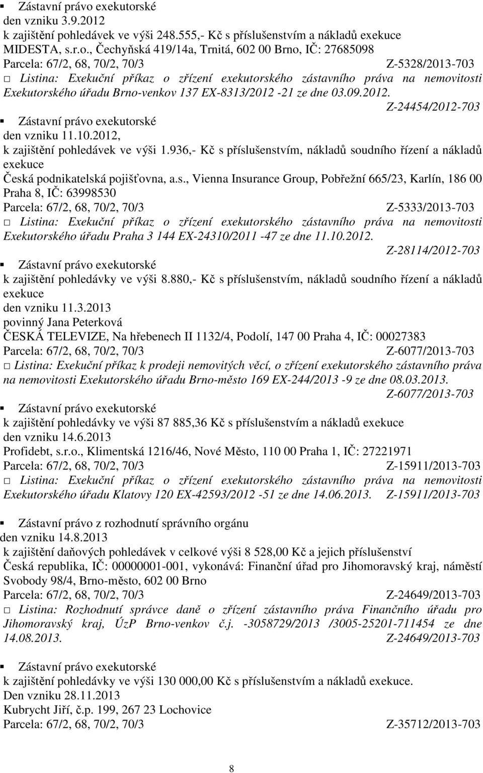 příslušenstvím, nákladů soudního řízení a nákladů exekuce Česká podnikatelská pojišťovna, a.s., Vienna Insurance Group, Pobřežní 665/23, Karlín, 186 00 Praha 8, IČ: 63998530 Z-5333/2013-703 Exekutorského úřadu Praha 3 144 EX-24310/2011-47 ze dne 11.