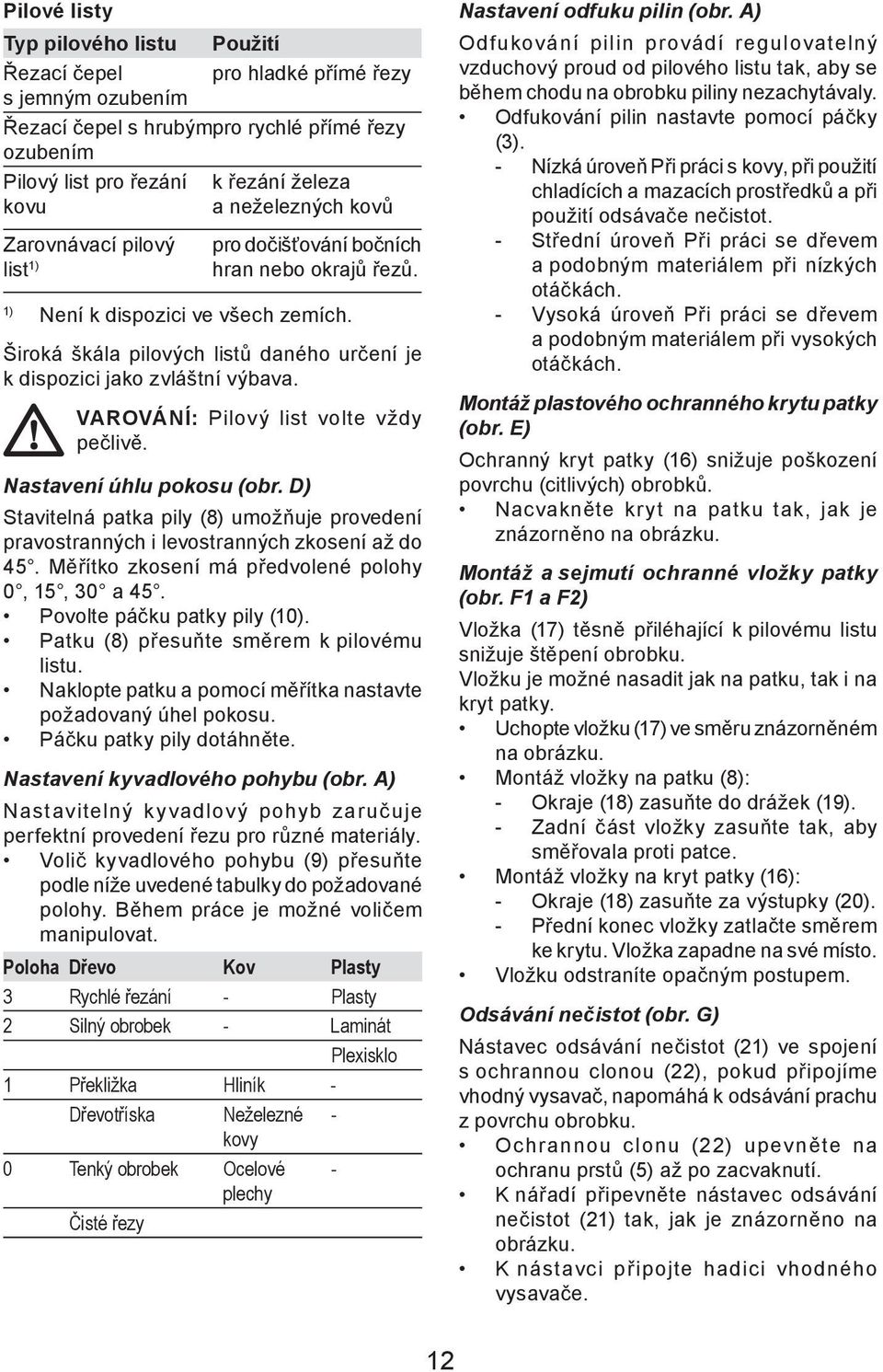 VAROVÁNÍ: Pilový list volte vždy pečlivě. Nastavení úhlu pokosu (obr. D) Stavitelná patka pily (8) umožňuje provedení pravostranných i levostranných zkosení až do 45.