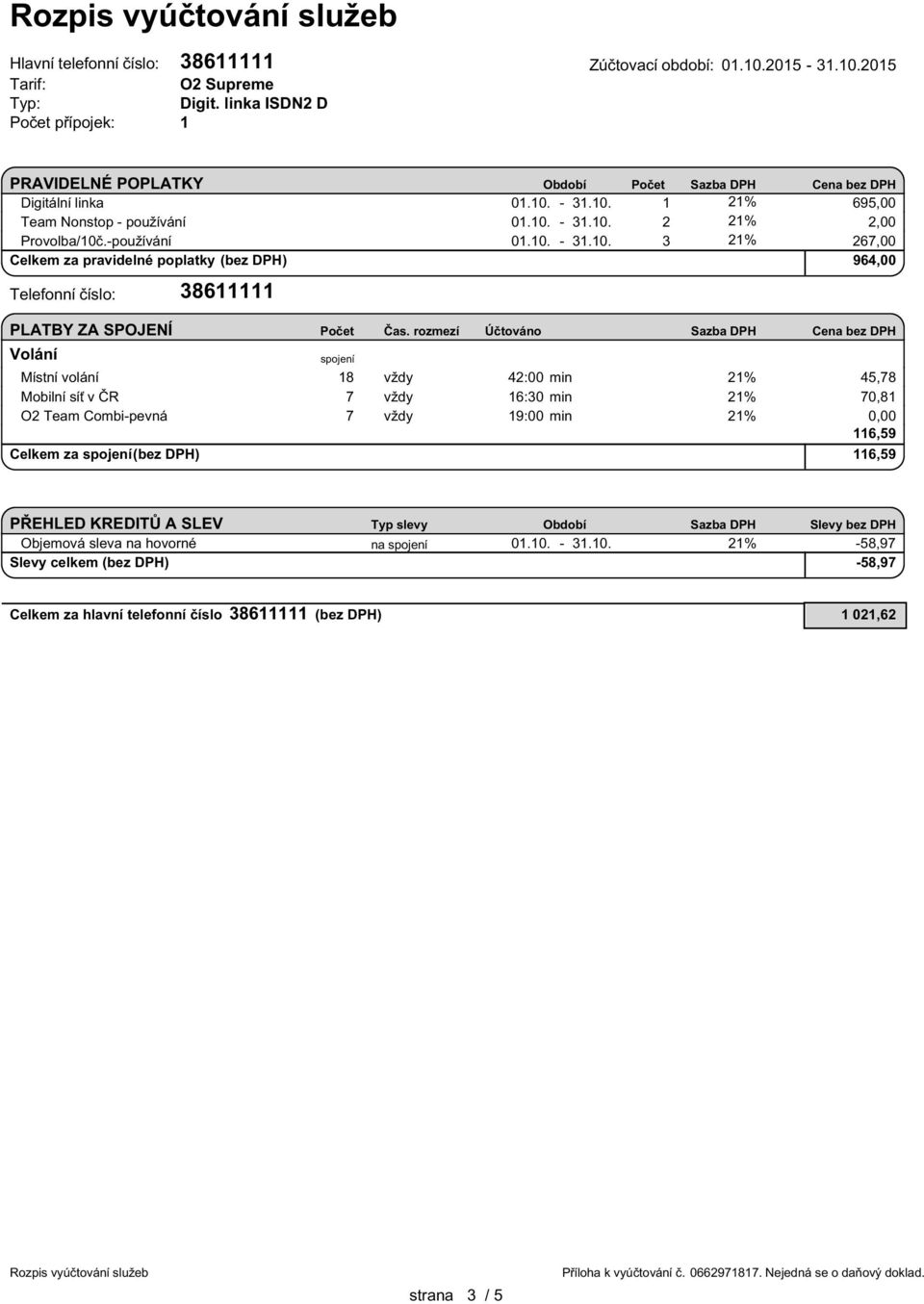 18 vždy 42:00 min 21% 45,78 Mobilní síť v ČR 7 vždy 16:30 min 21% 70,81 O2 Team Combi-pevná 7 vždy 19:00 min 21% 0,00 116,59 Celkem za (bez DPH) 116,59 Objemová