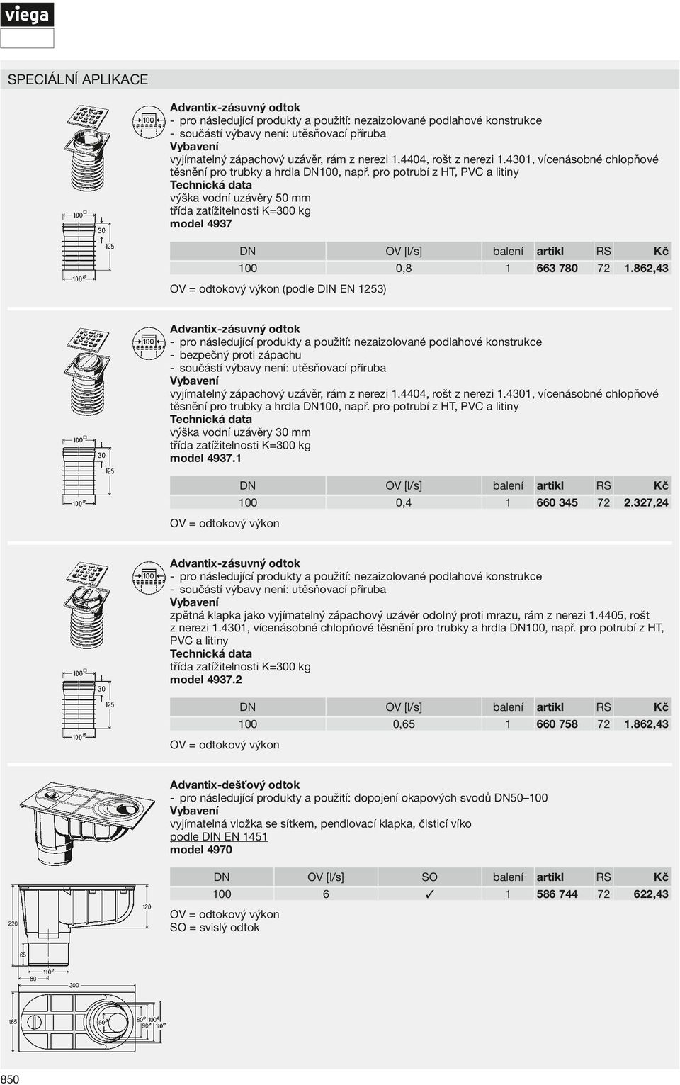 862,43 OV = odtokový výkon (podle DIN EN 23) Advantix-zásuvný odtok nezaizolované podlahové konstrukce -- bezpečný proti zápachu -- součástí výbavy není: utěsňovací příruba vyjímatelný zápachový