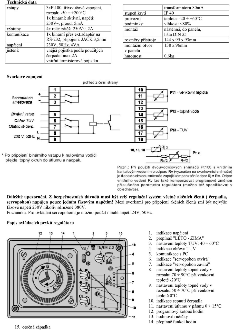 2a vnitřní termistorová pojistka transformátoru 80mA stupeň krytí IP 40 provozní teplota: -20 +60 C podmínky vlhkost: <80% montáž nástěnná, do panelu, lišta DIN 35 rozměry přístroje 144 x 95 x 93mm