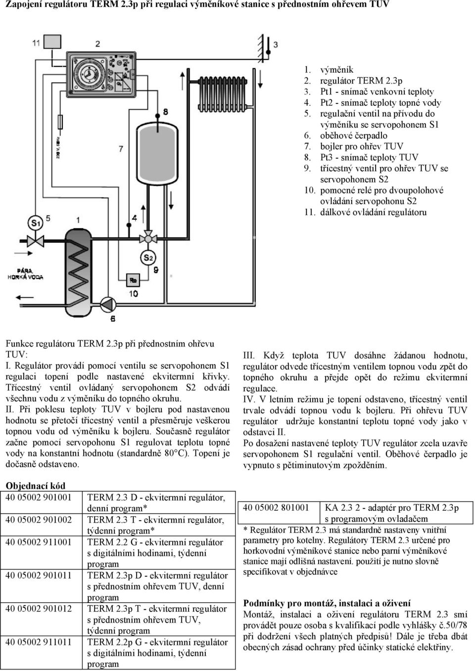 pomocné relé pro dvoupolohové ovládání servopohonu S2 11. dálkové ovládání regulátoru Funkce regulátoru TERM 2.3p při přednostním ohřevu TUV: I.