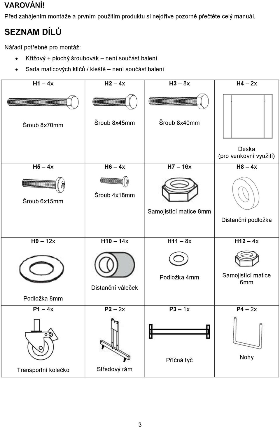 4x H3 8x H4 2x Šroub 8x70mm Šroub 8x45mm Šroub 8x40mm Deska (pro venkovní využití) H5 4x H6 4x H7 16x H8 4x Šroub 6x15mm Šroub 4x18mm Samojistící