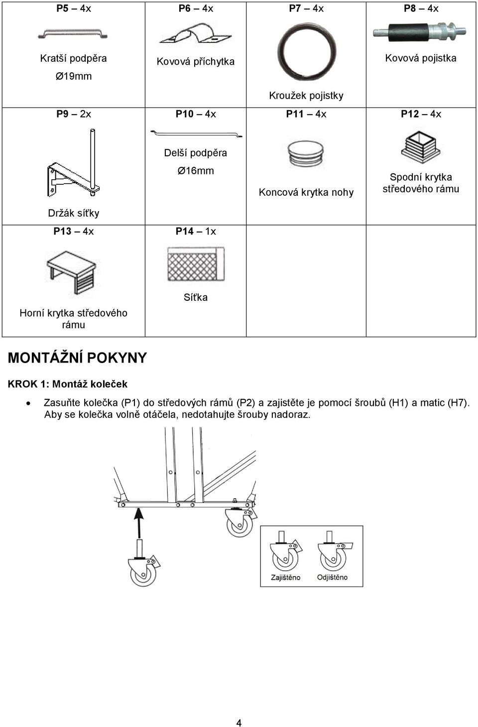 Síťka Horní krytka středového rámu MONTÁŽNÍ POKYNY KROK 1: Montáž koleček Zasuňte kolečka (P1) do středových