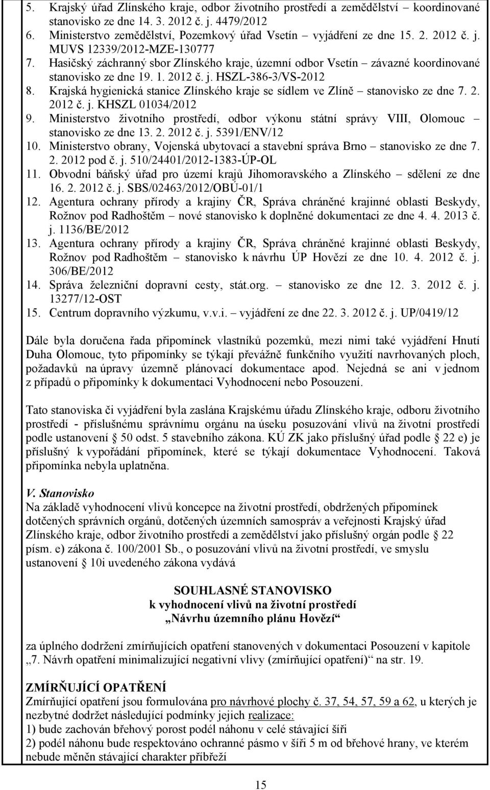 Hasičský záchranný sbor Zlínského kraje, územní odbor Vsetín závazné koordinované stanovisko ze dne 19. 1. 2012 č. j. HSZL-386-3/VS-2012 8.