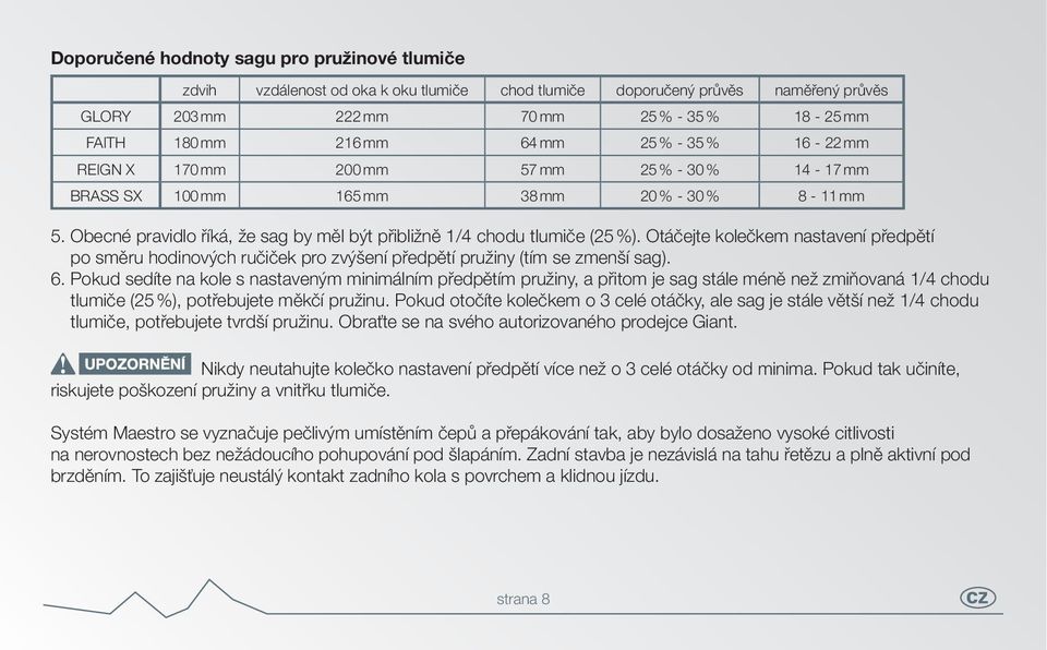Obecné pravidlo říká, že sag by měl být přibližně 1/4 chodu tlumiče (25 %). Otáčejte kolečkem nastavení předpětí po směru hodinových ručiček pro zvýšení předpětí pružiny (tím se zmenší sag). 6.