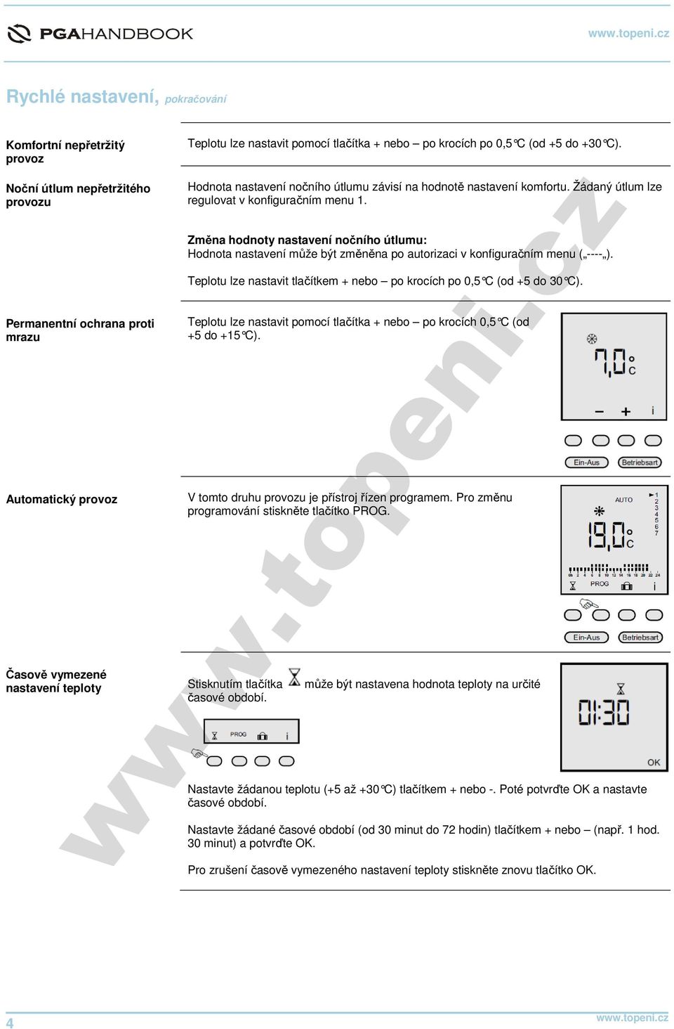 Změna hodnoty nastavení nočního útlumu: Hodnota nastavení může být změněna po autorizaci v konfiguračním menu ( ---- ). Teplotu lze nastavit tlačítkem + nebo po krocích po 0,5 C (od +5 do 30 C).