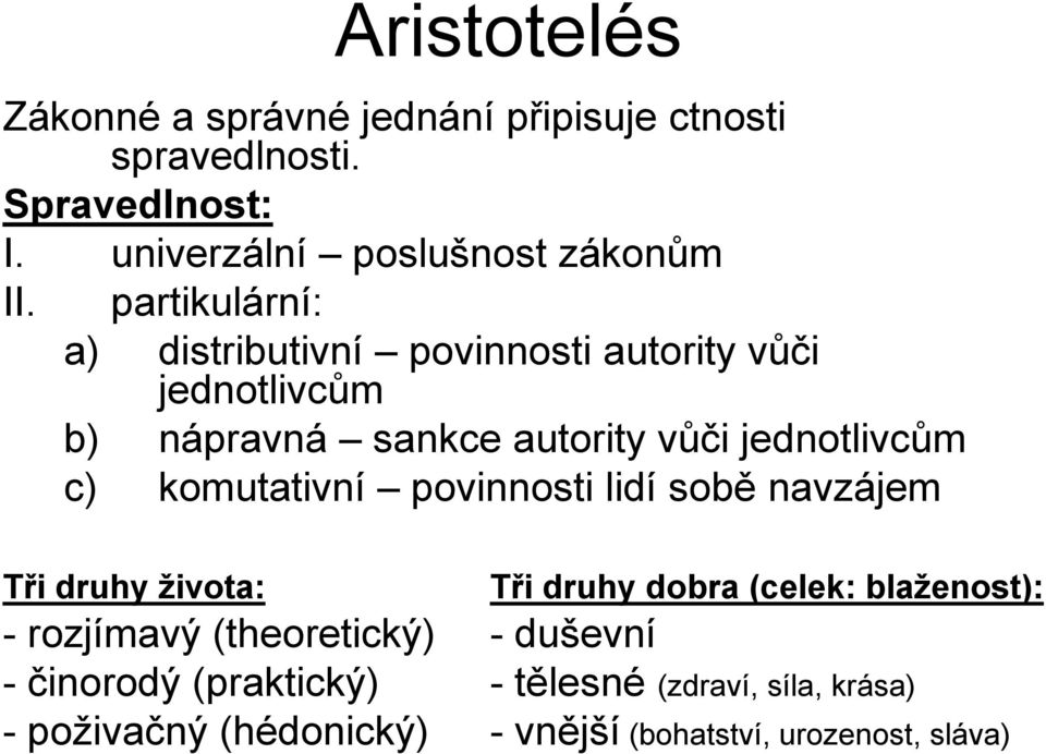 komutativní povinnosti lidí sobě navzájem Tři druhy života: Tři druhy dobra (celek: blaženost): - rozjímavý (theoretický)