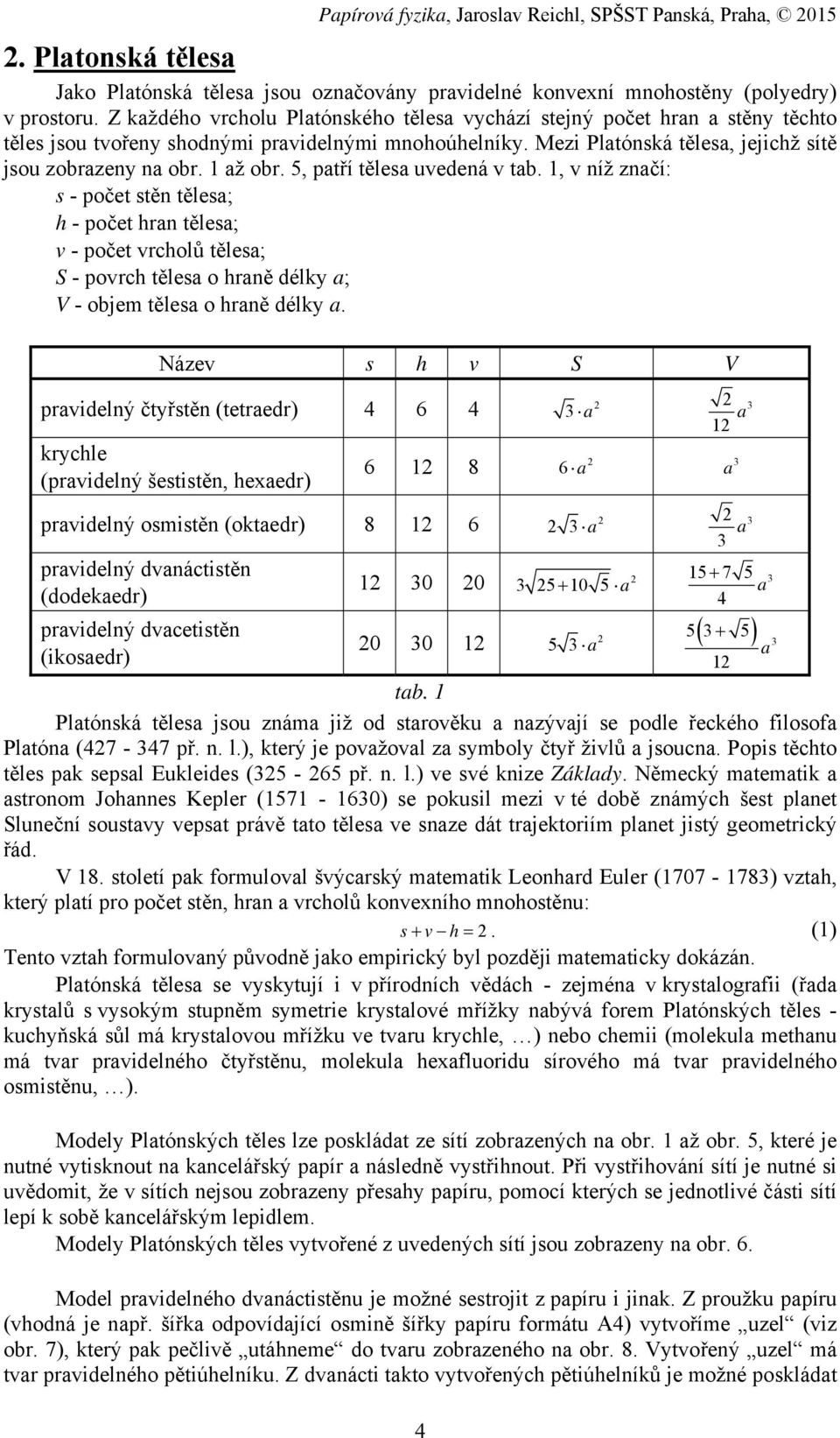 1 až obr. 5, patří tělesa uvedená v tab. 1, v níž značí: s - počet stěn tělesa; h - počet hran tělesa; v - počet vrcholů tělesa; S - povrch tělesa o hraně délky a; V - objem tělesa o hraně délky a.