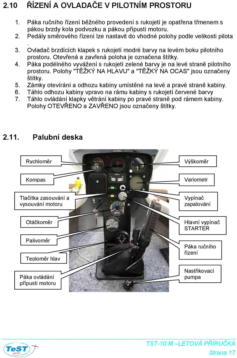 Otevřená a zavřená poloha je označena štítky. 4. Páka podélného vyvážení s rukojetí zelené barvy je na levé straně pilotního prostoru. Polohy "TĚŽKÝ NA HLAVU" a "TĚŽKÝ NA OCAS" jsou označeny štítky.