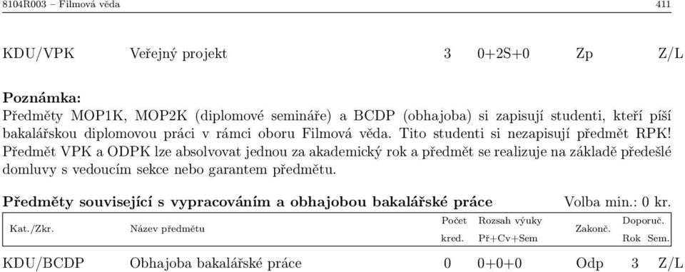 Předmět VPK a ODPK lze absolvovat jednou za akademický rok a předmět se realizuje na základě předešlé domluvy s vedoucím sekce nebo