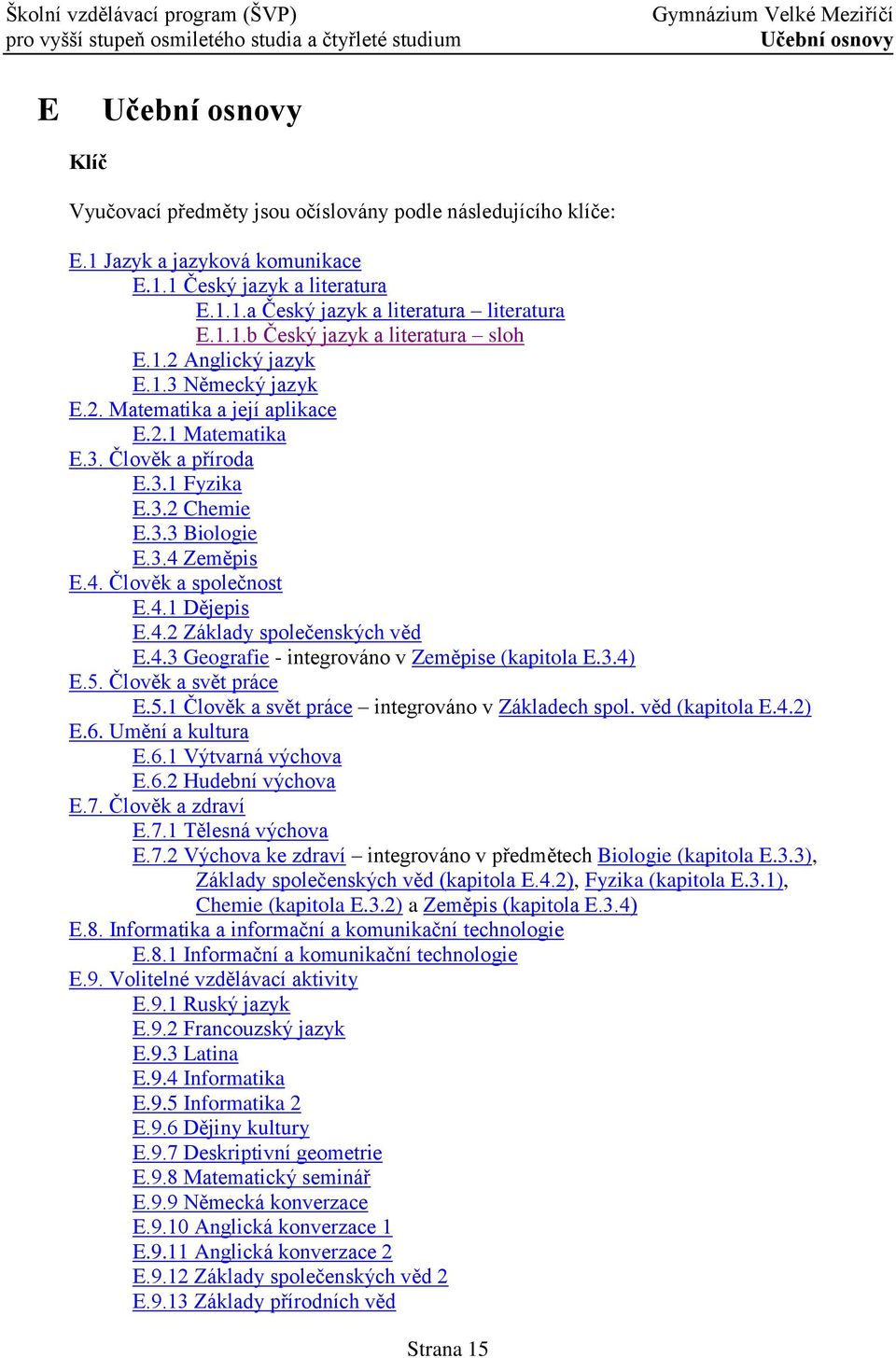 4. Člověk a společnost E.4.1 Dějepis E.4.2 Základy společenských věd E.4.3 Geografie - integrováno v Zeměpise (kapitola E.3.4) E.5. Člověk a svět práce E.5.1 Člověk a svět práce integrováno v Základech spol.