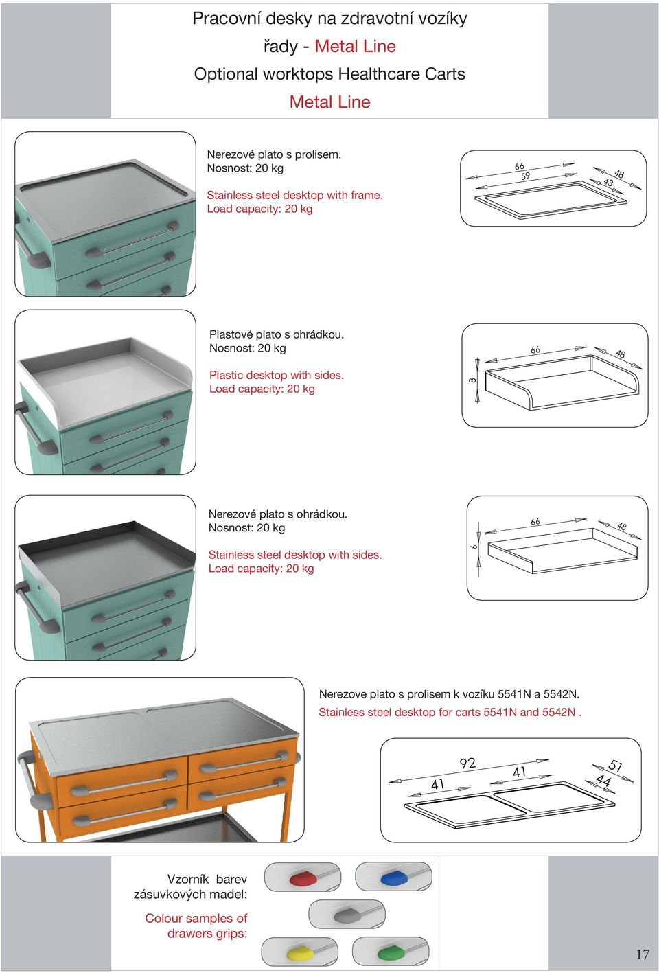 Load capacity: 20 kg A 1 2 3 4 8 66 48 B Nerezové plato s ohrádkou. Nosnost: 20 kg Stainless steel desktop with sides.