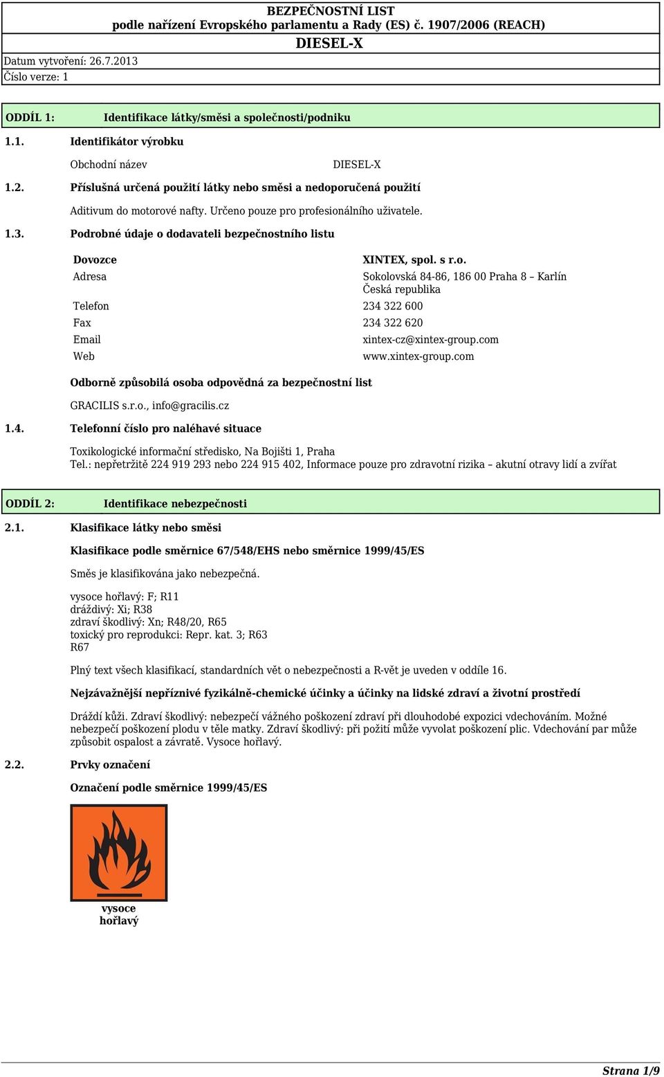 r.o., info@gracilis.cz 1.4. Telefonní číslo pro naléhavé situace Sokolovská 84-86, 186 00 Praha 8 Karlín Česká republika xintex-cz@xintex-group.